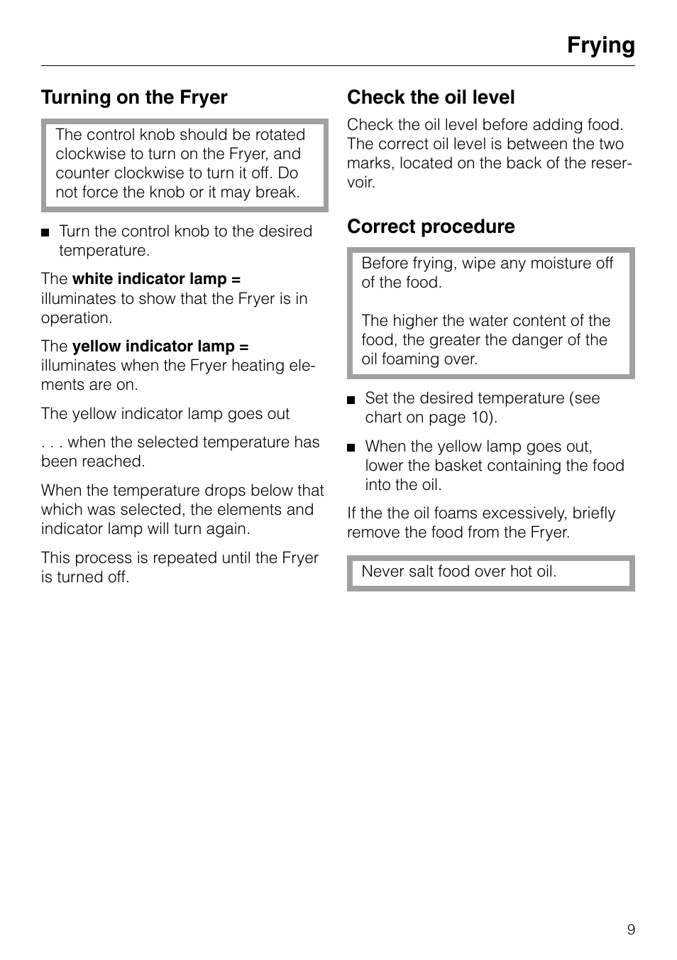 Frying, Turning on the fryer, Check the oil level | Correct procedure | Miele KM89-2 User Manual | Page 9 / 20