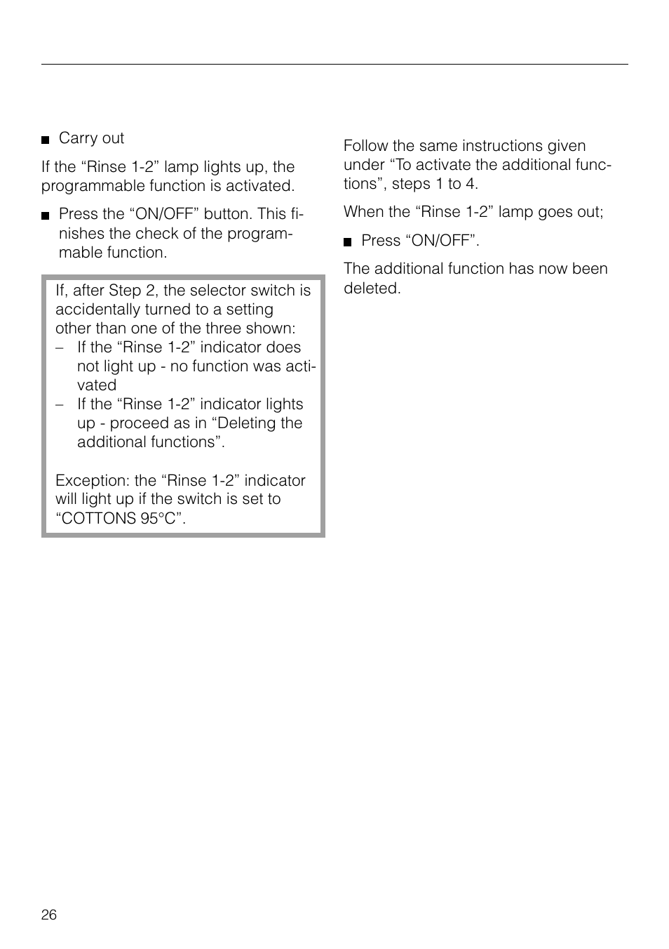 Programmable functions, Deleting the additional func- tions | Miele NOVOTRONIC W 1926 User Manual | Page 26 / 48