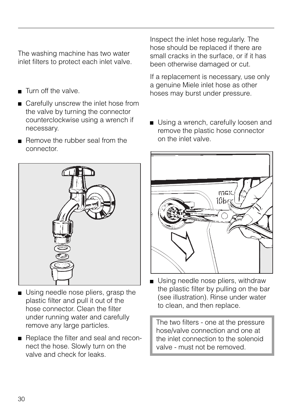 User maintenance cleaning and care, Cleaning the water inlet filters | Miele NOVOTRONIC W 1926 User Manual | Page 30 / 48