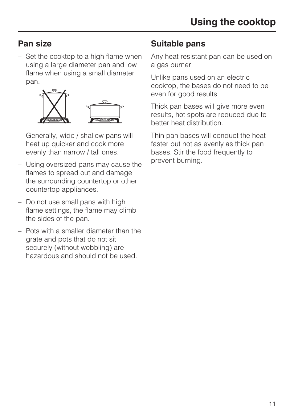 Pan size 11, Suitable pans 11, Pan size suitable pans | Using the cooktop, Pan size, Suitable pans | Miele KM 320 User Manual | Page 11 / 20