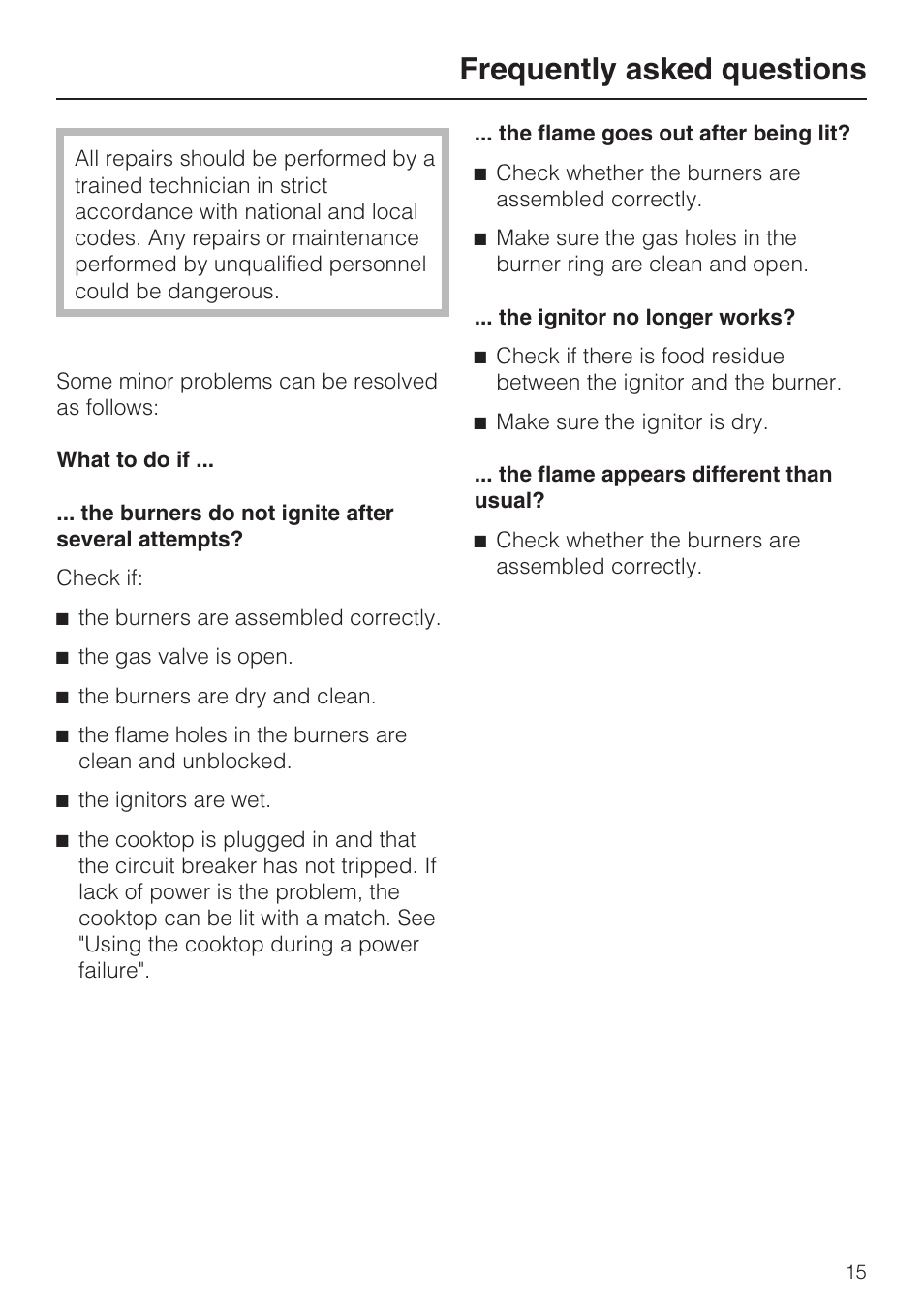 Frequently asked questions 15, Frequently asked questions | Miele KM 320 User Manual | Page 15 / 20