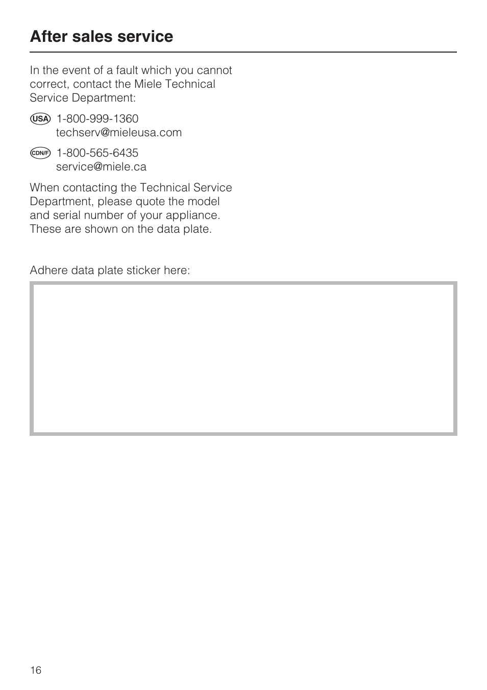 After sales service 16, After sales service | Miele KM 320 User Manual | Page 16 / 20