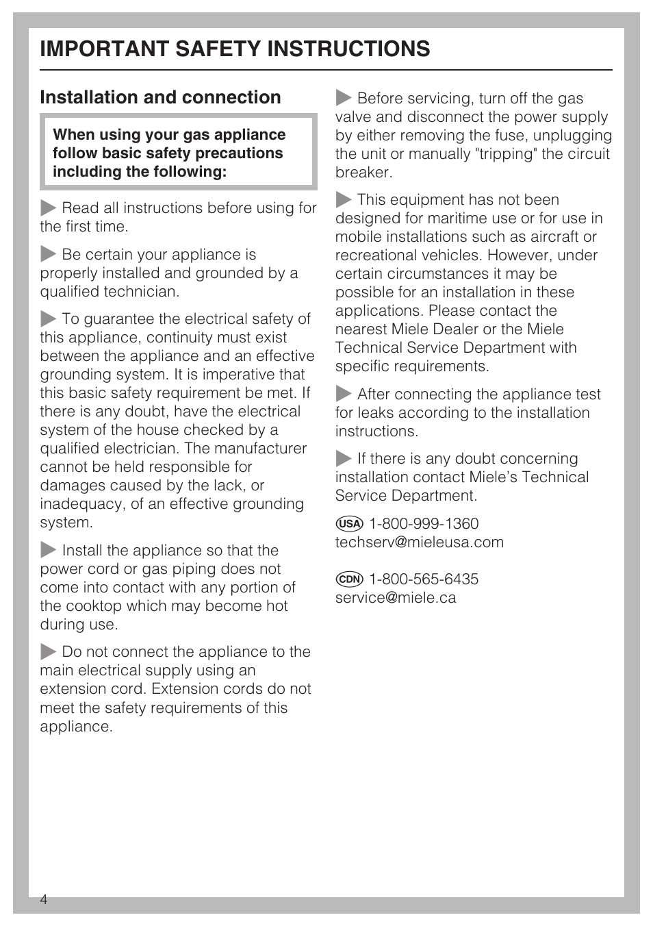 Important safety instructions 4, Important safety instructions | Miele KM 320 User Manual | Page 4 / 20