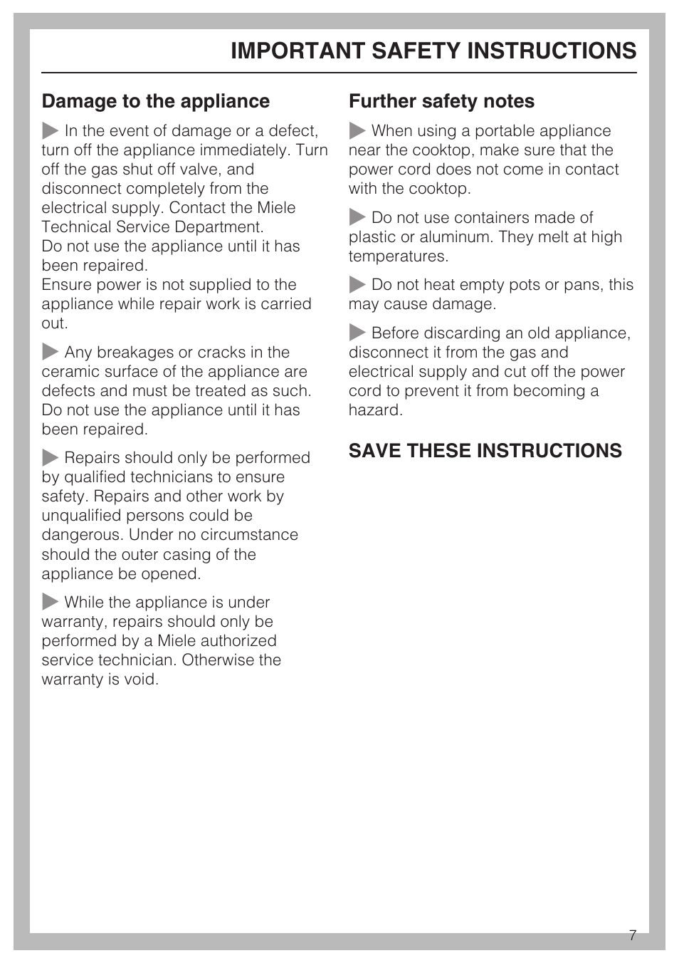 Important safety instructions | Miele KM 320 User Manual | Page 7 / 20