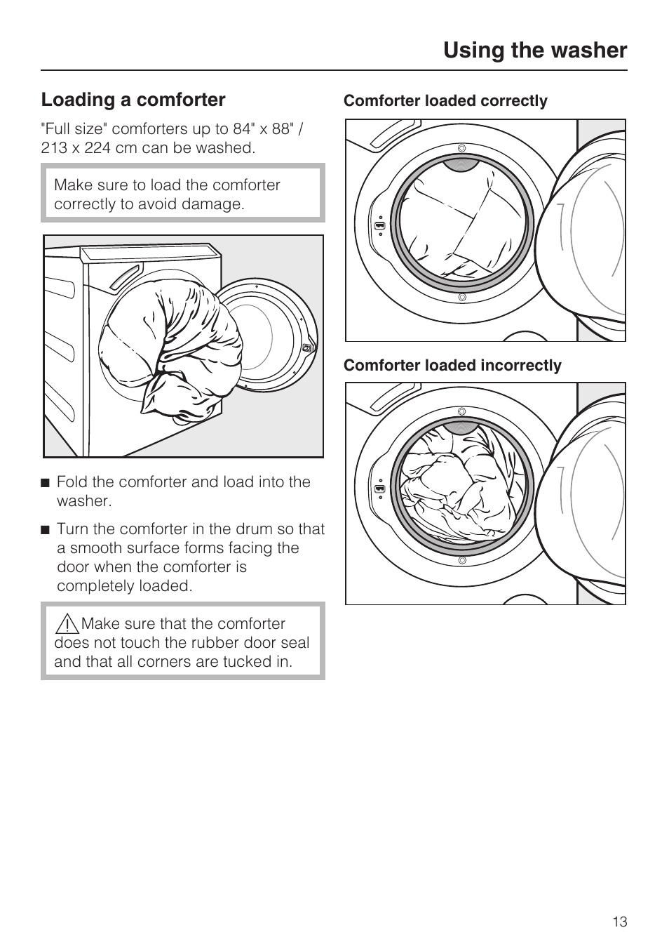 Loading a comforter 13, Using the washer, Loading a comforter | Miele TOUCHTRONIC W 4842 User Manual | Page 13 / 60