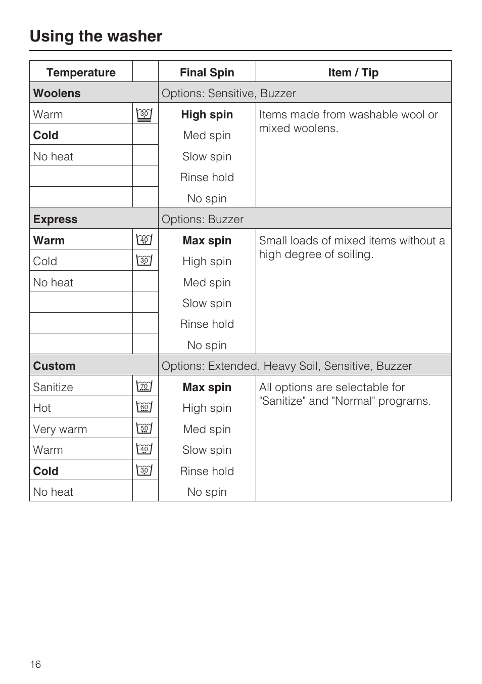 Using the washer | Miele TOUCHTRONIC W 4842 User Manual | Page 16 / 60