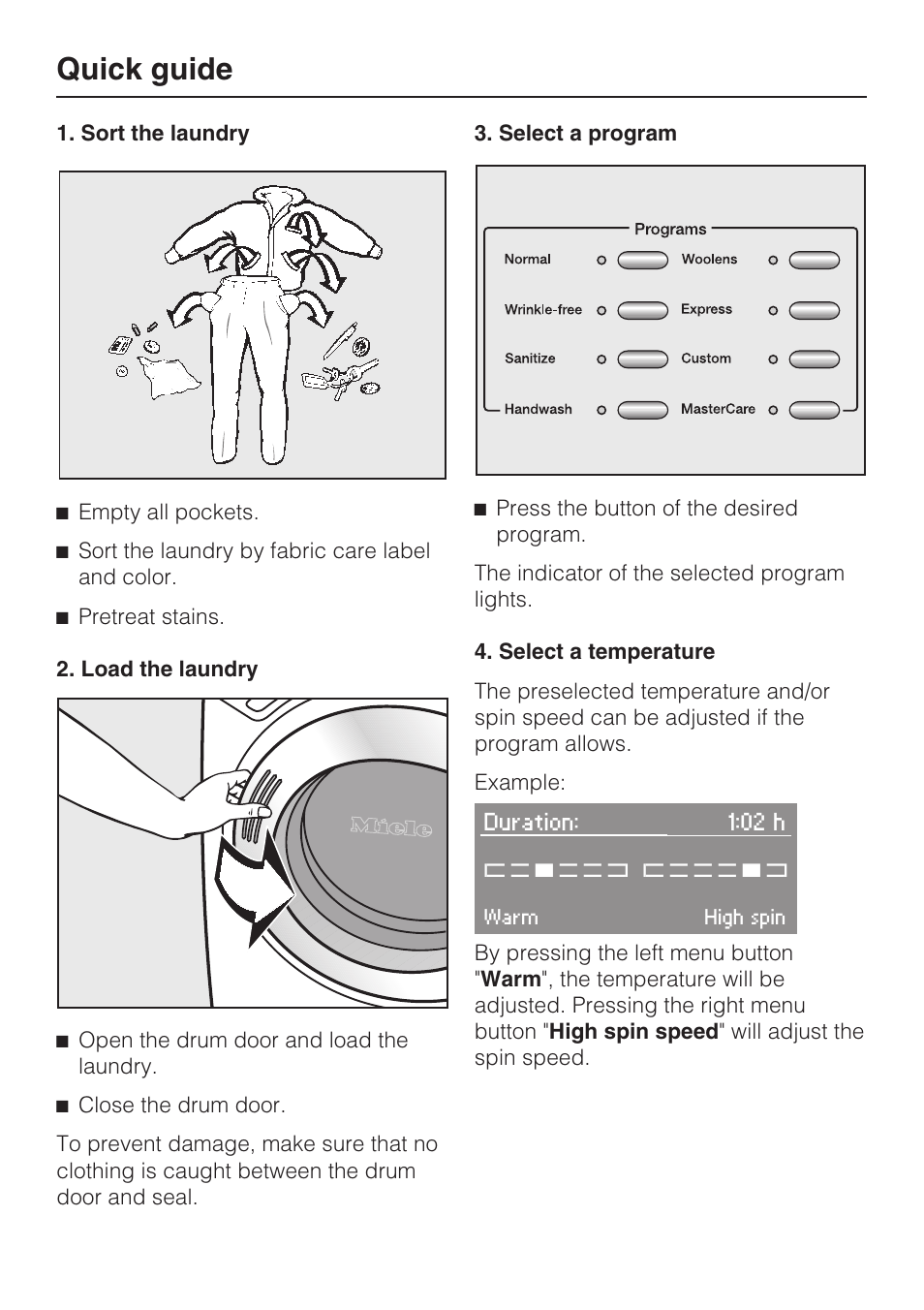 Quick guide | Miele TOUCHTRONIC W 4842 User Manual | Page 30 / 60