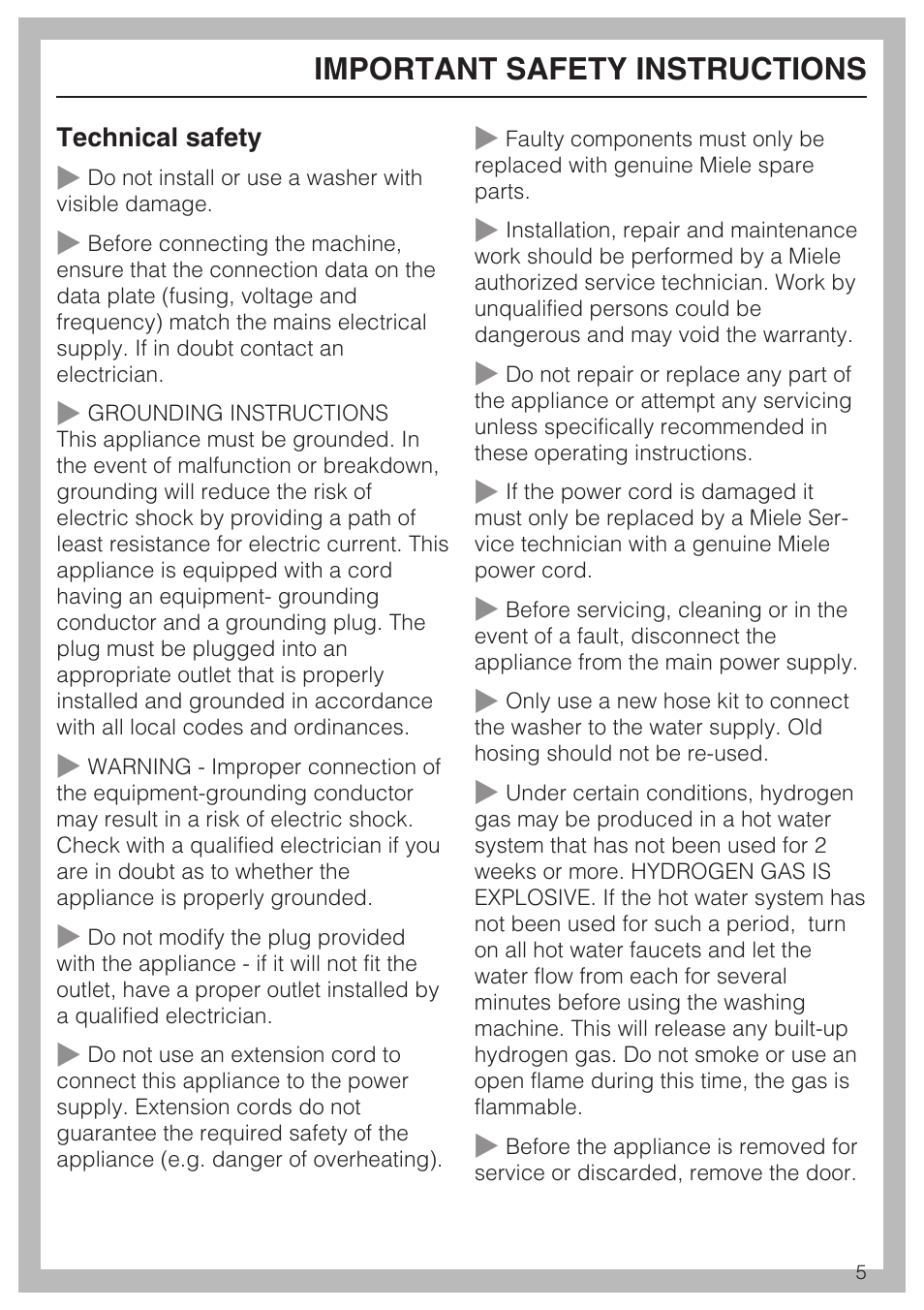 Important safety instructions | Miele TOUCHTRONIC W 4842 User Manual | Page 5 / 60