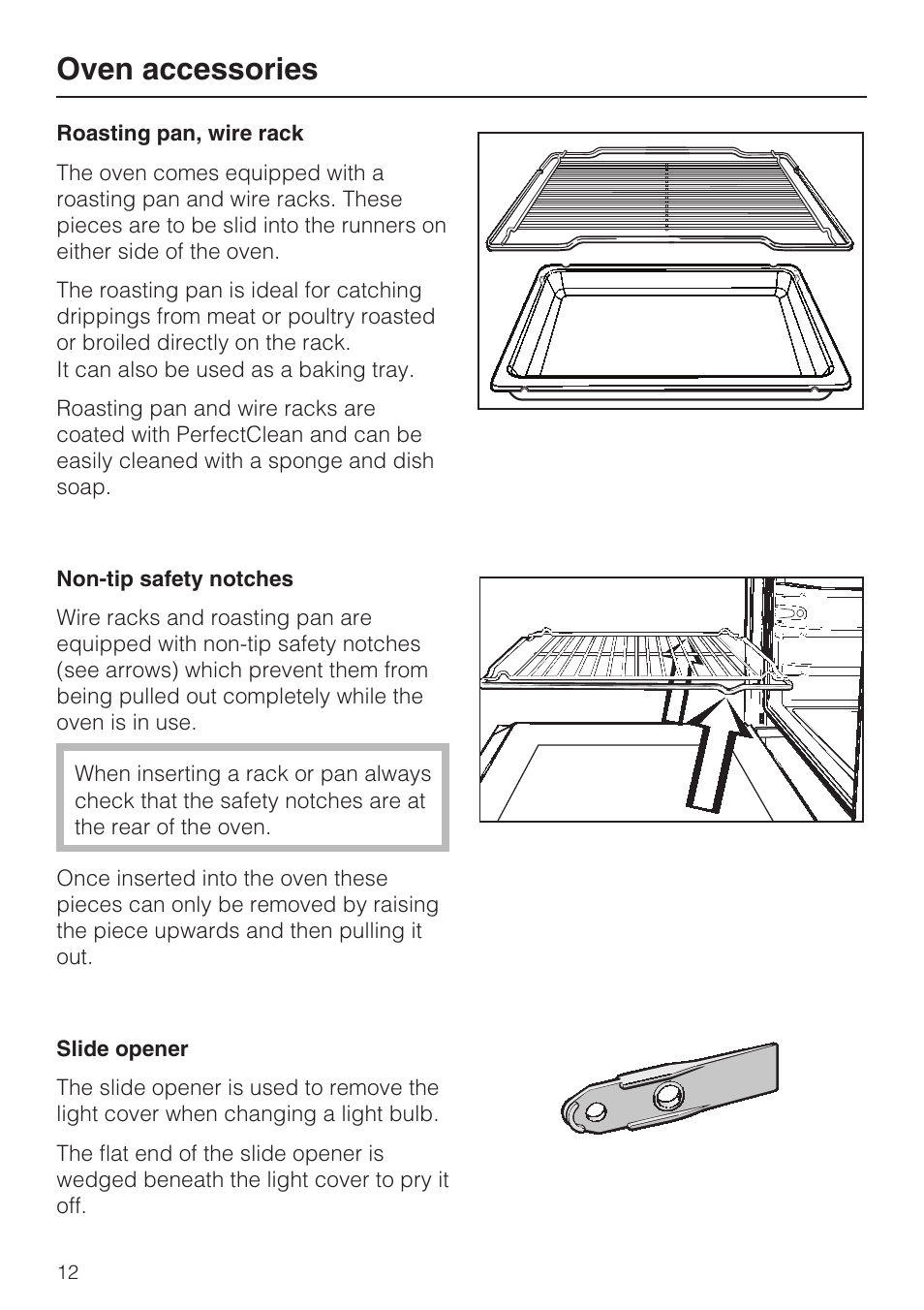 Oven accessories 12, Roasting pan, wire rack 12, Slide opener 12 | Oven accessories | Miele H4742BP User Manual | Page 12 / 64