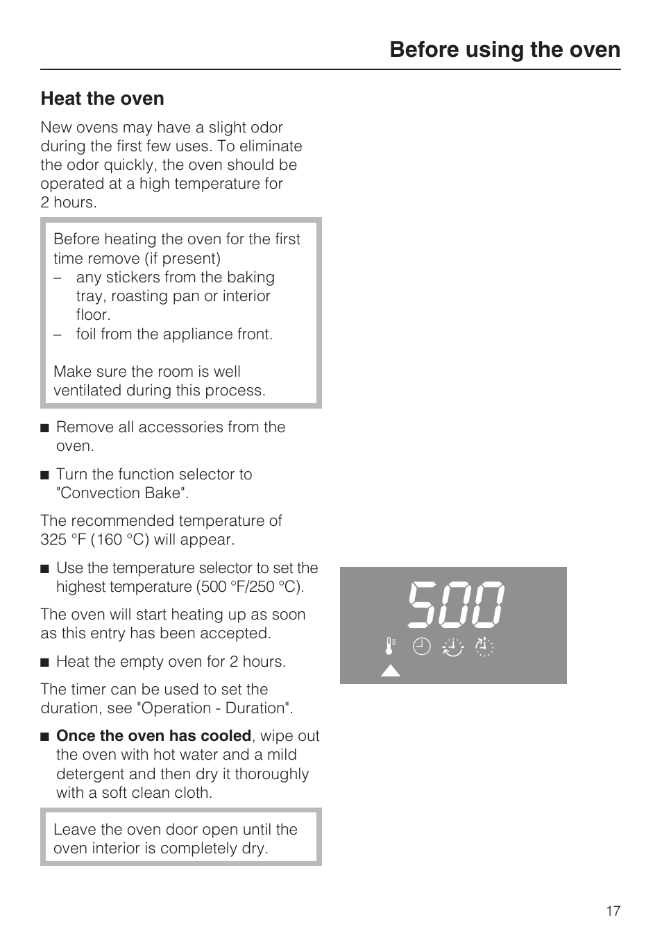 Heat the oven 17, Before using the oven | Miele H4742BP User Manual | Page 17 / 64