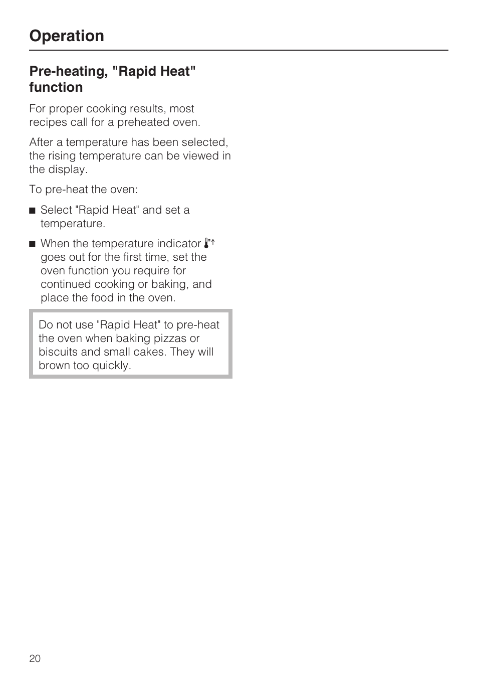 Pre-heating, "rapid heat" function 20, Operation, Pre-heating, "rapid heat" function | Miele H4742BP User Manual | Page 20 / 64