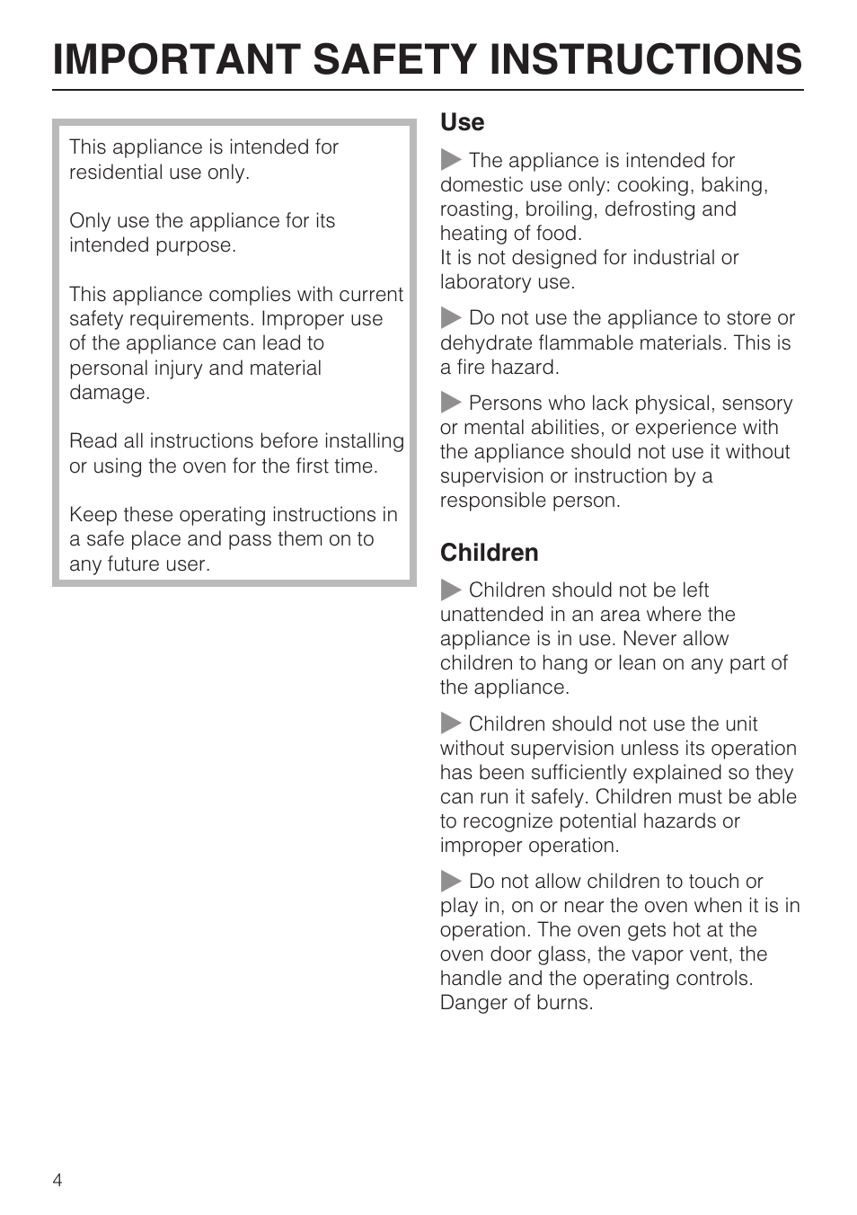 Important safety instructions 4, Important safety instructions | Miele H4742BP User Manual | Page 4 / 64