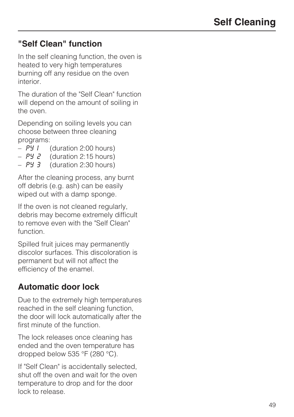 Self cleaning 49, Self cleaning, Self clean" function | Automatic door lock | Miele H4742BP User Manual | Page 49 / 64