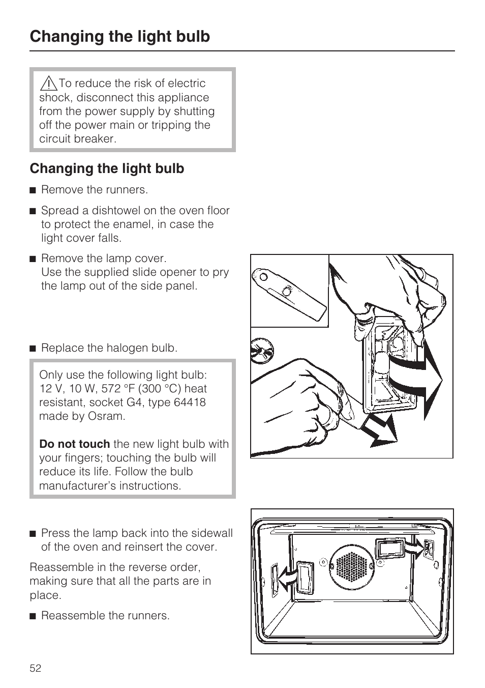 Changing the light bulb 52, Changing the light bulb | Miele H4742BP User Manual | Page 52 / 64