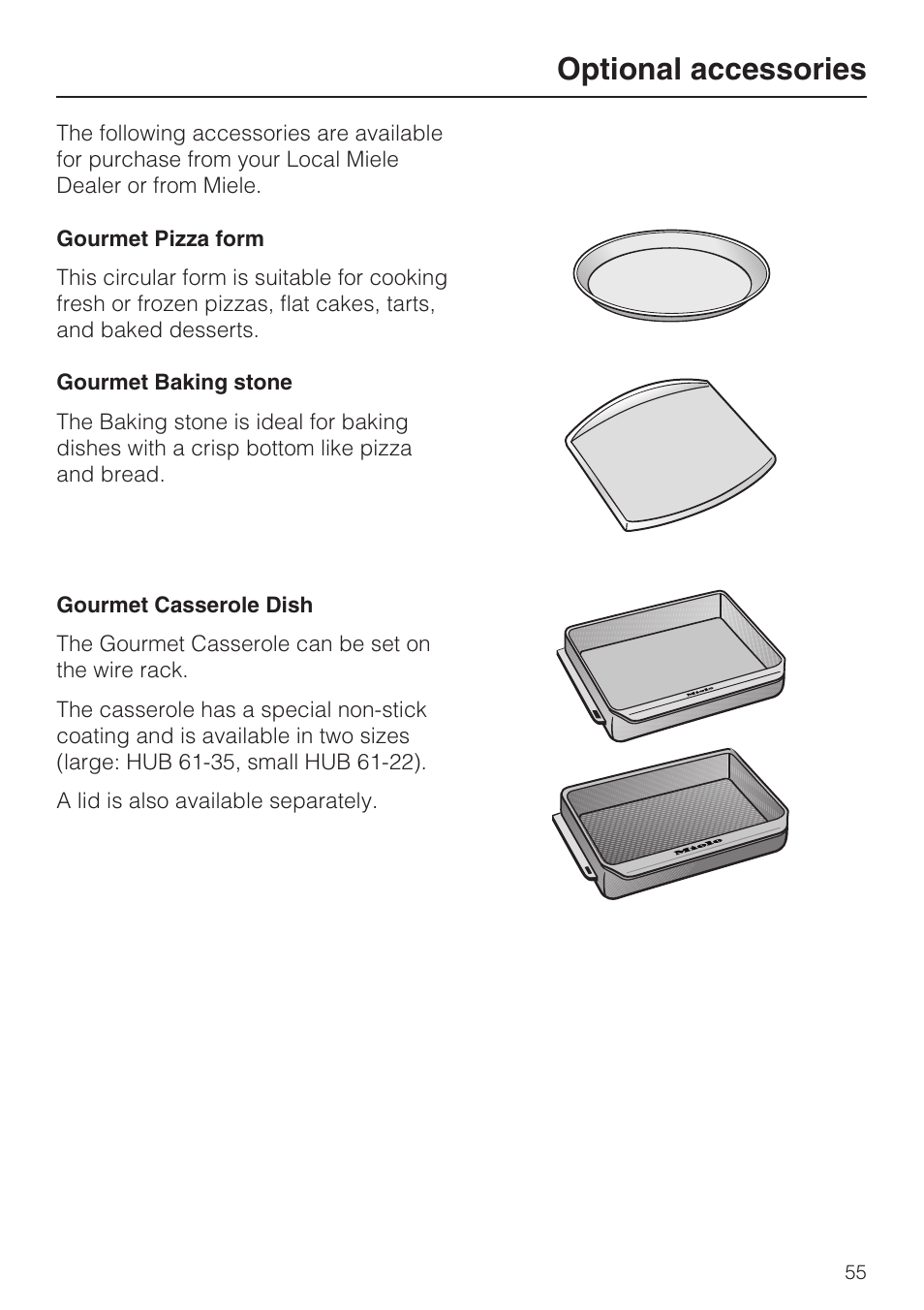 Optional accessories 55, Optional accessories | Miele H4742BP User Manual | Page 55 / 64