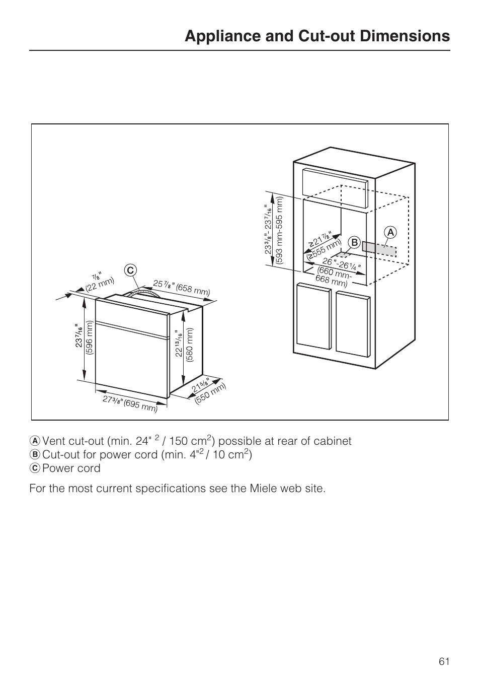Appliance and cut-out dimensions | Miele H4742BP User Manual | Page 61 / 64