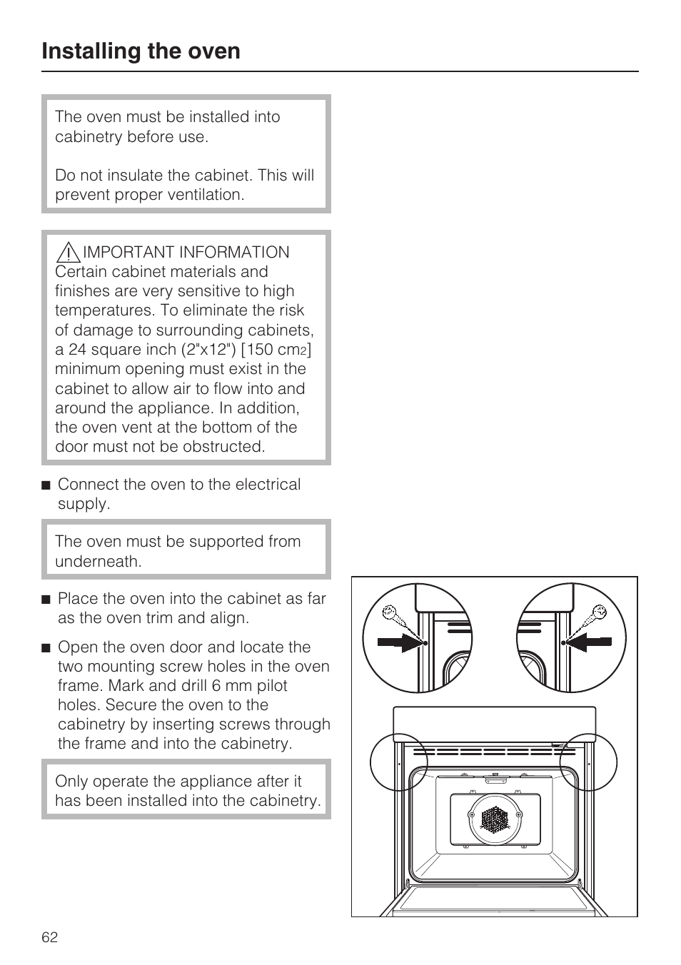 Installing the oven 62, Installing the oven | Miele H4742BP User Manual | Page 62 / 64