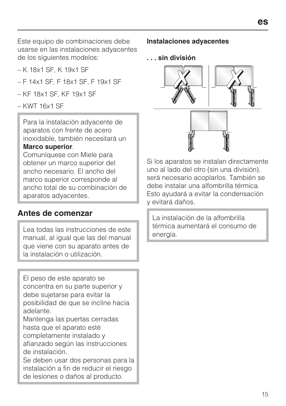Es 15, Antes de comenzar 15, Instalaciones adyacentes 15 | Sin división 15, Antes de comenzar | Miele 07 343 771 User Manual | Page 15 / 24