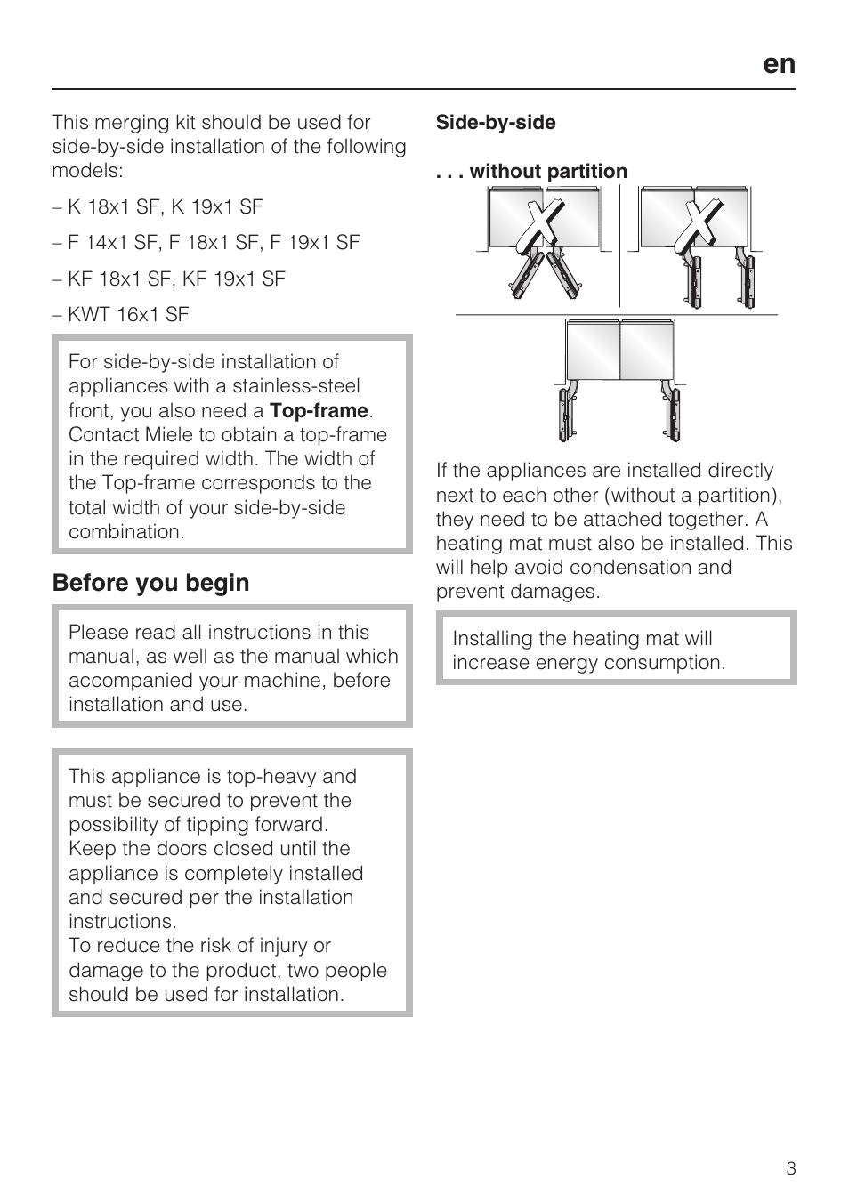 En 3, Before you begin 3, Side-by-side 3 | Without partition 3, Before you begin | Miele 07 343 771 User Manual | Page 3 / 24