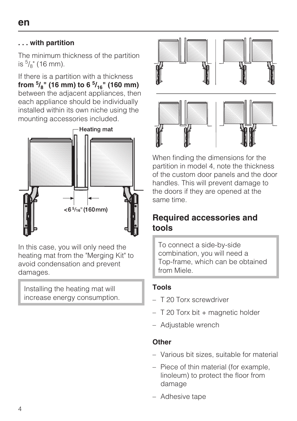 With partition 4, Required accessories and tools 4, Tools 4 | Other 4, Required accessories and tools | Miele 07 343 771 User Manual | Page 4 / 24