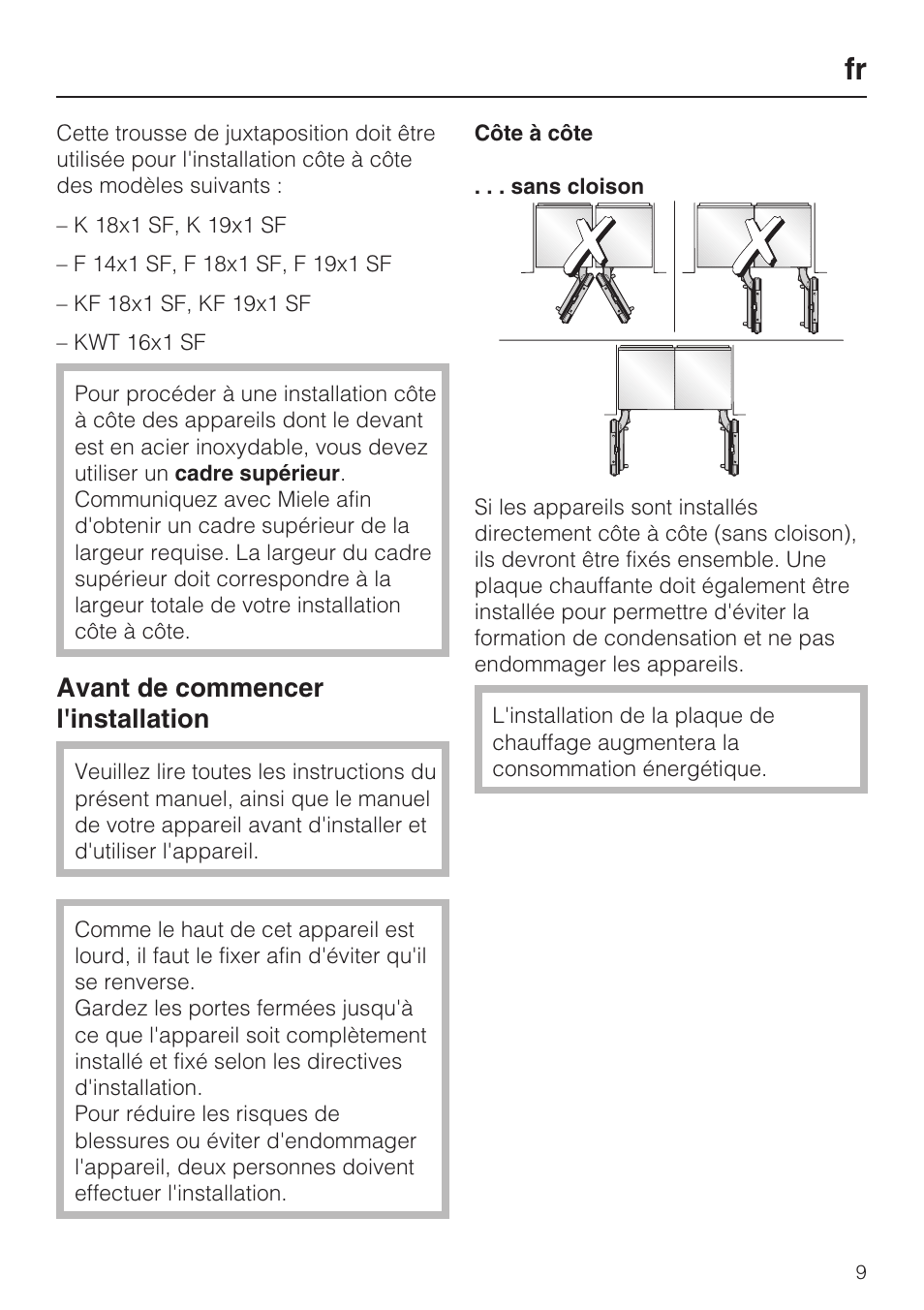 Fr 9, Avant de commencer l'installation 9, Côte à côte 9 | Sans cloison 9, Avant de commencer l'installation | Miele 07 343 771 User Manual | Page 9 / 24