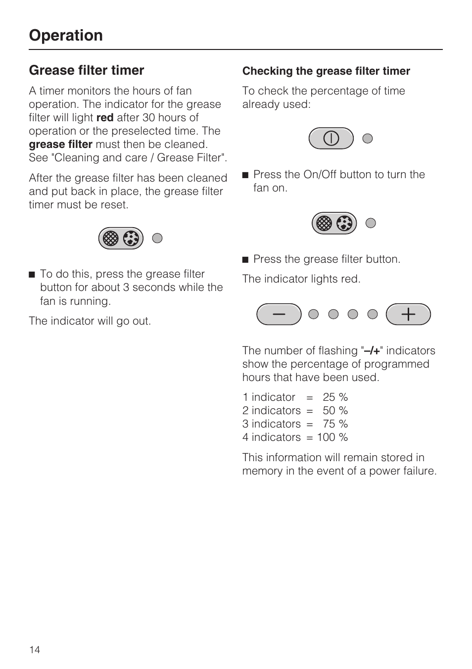 Grease filter timer 14, Operation, Grease filter timer | Miele DA 5100 D User Manual | Page 14 / 36
