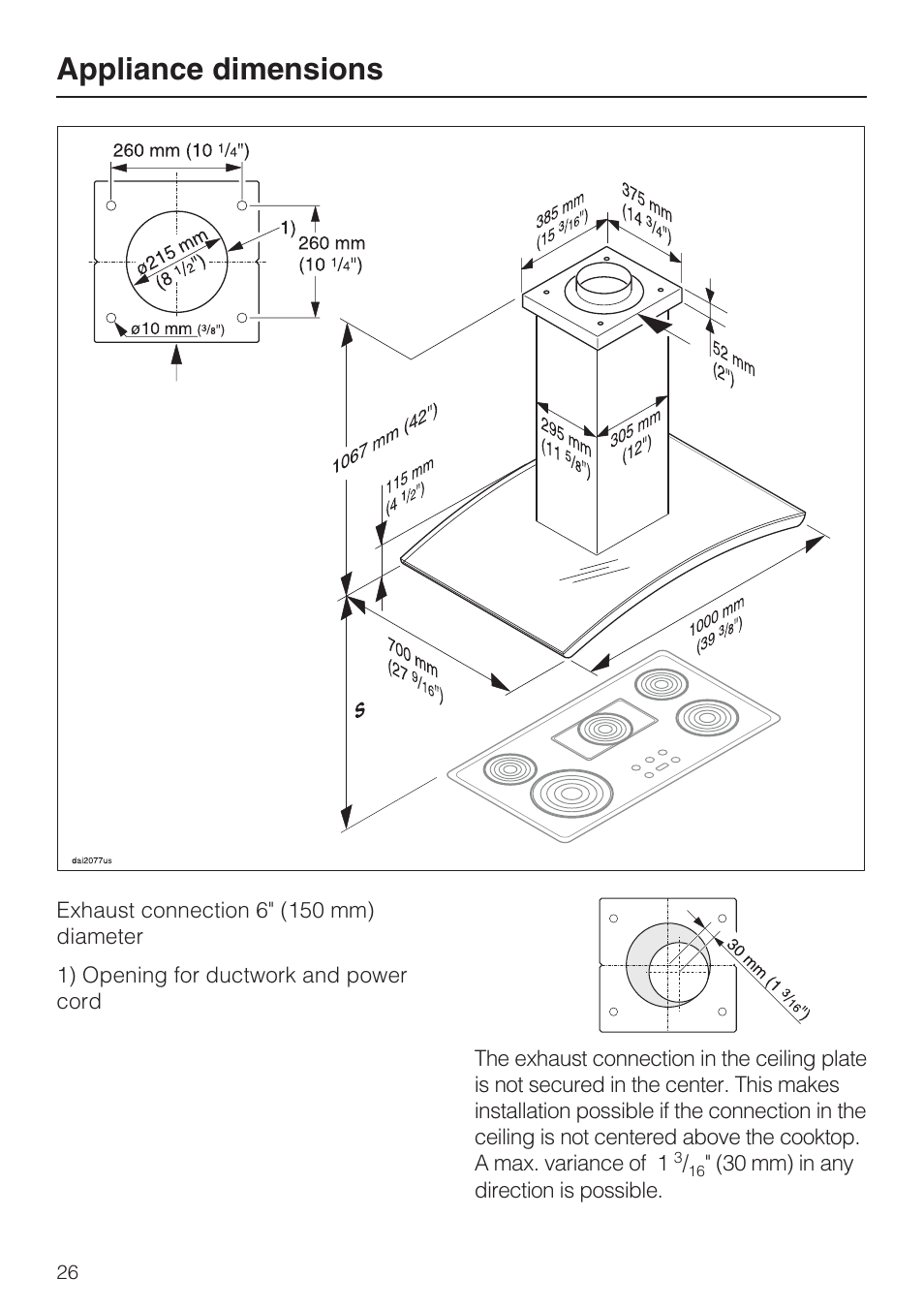 Appliance dimensions 26, Appliance dimensions | Miele DA 5100 D User Manual | Page 26 / 36