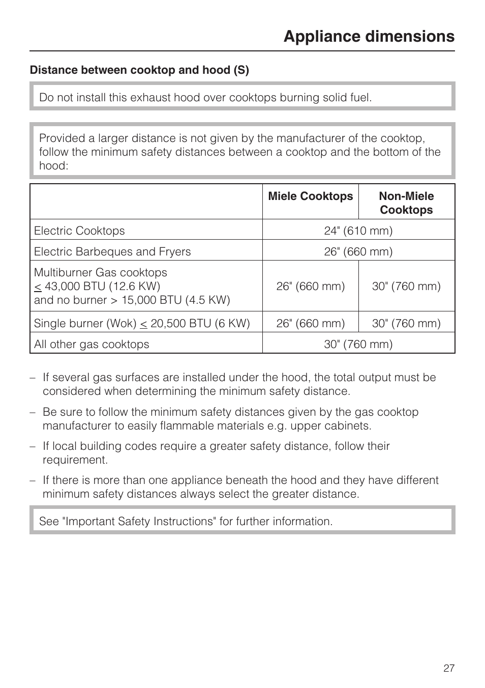 Appliance dimensions | Miele DA 5100 D User Manual | Page 27 / 36