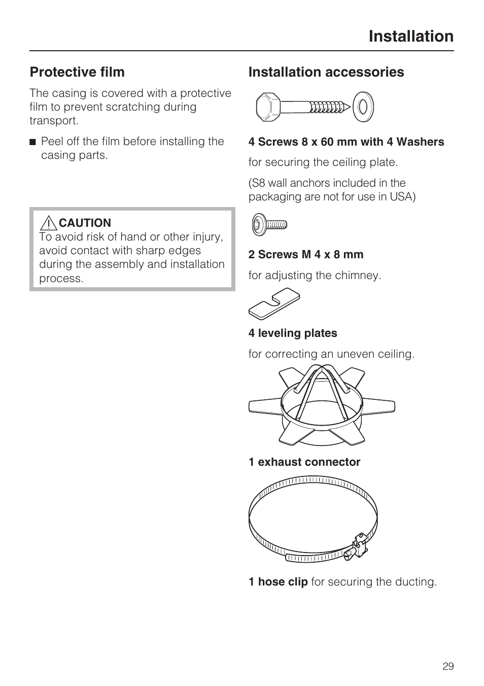 Installation 29, Installation, Protective film | Installation accessories | Miele DA 5100 D User Manual | Page 29 / 36