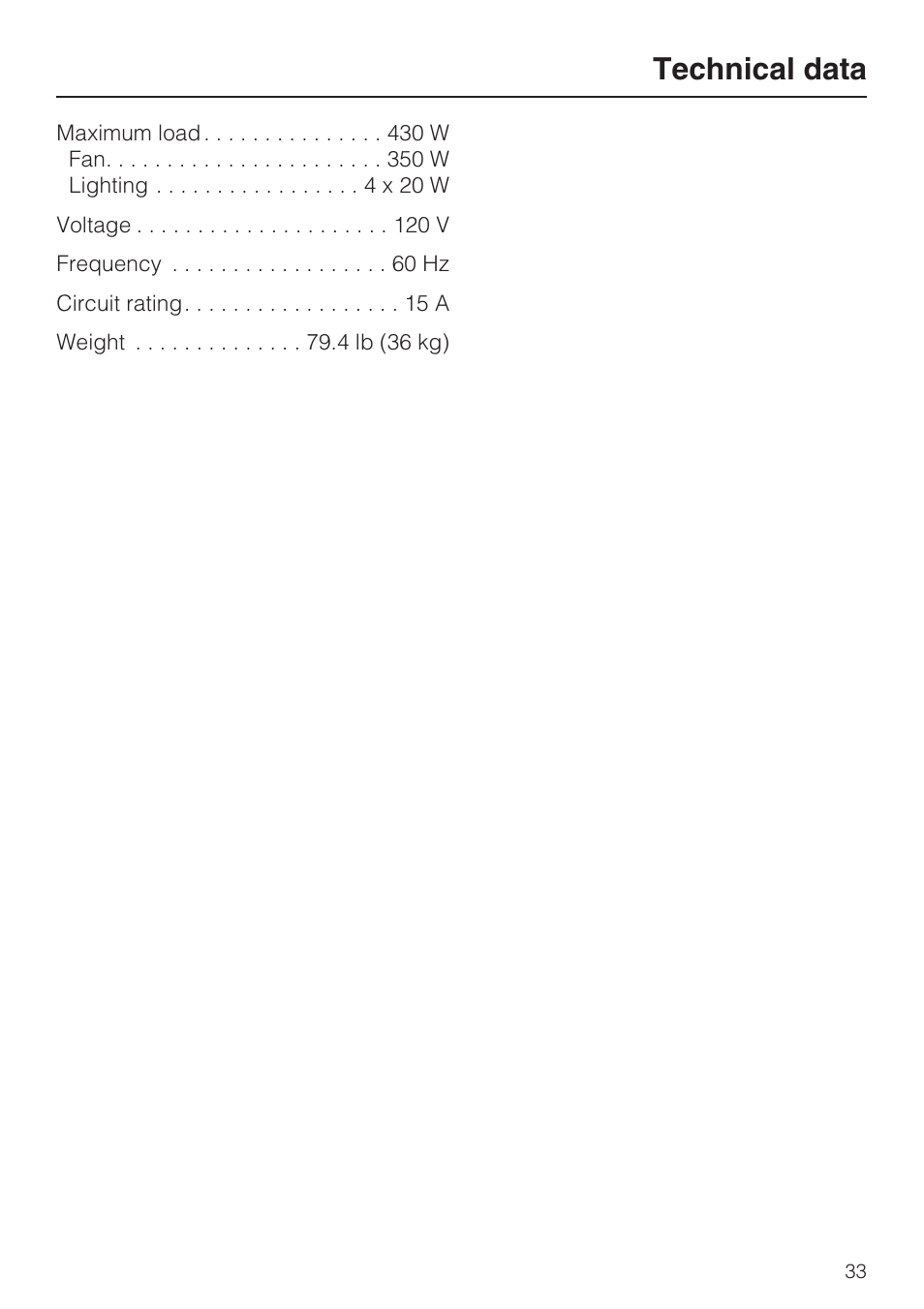 Technical data 33, Technical data | Miele DA 5100 D User Manual | Page 33 / 36