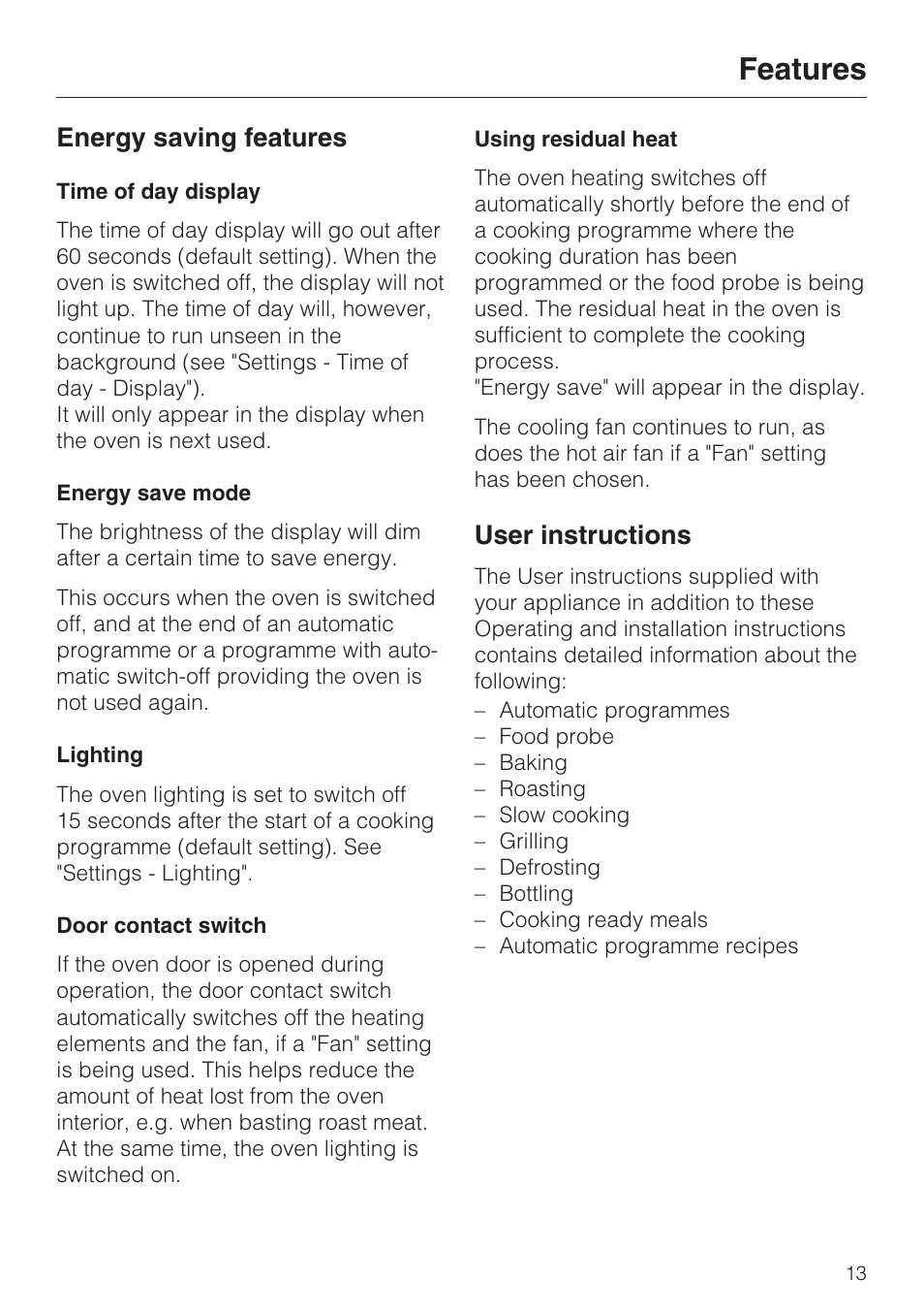 Energy saving features 13, User instructions 13, Features | Energy saving features, User instructions | Miele H 5460-BP User Manual | Page 13 / 64