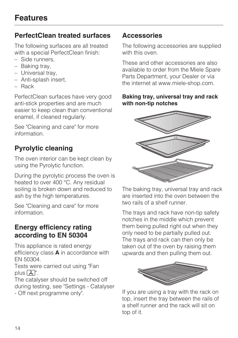 Perfectclean treated surfaces 14, Pyrolytic cleaning 14, Energy efficiency rating according to en 50304 14 | Accessories 14, Features, Perfectclean treated surfaces, Pyrolytic cleaning, Accessories | Miele H 5460-BP User Manual | Page 14 / 64