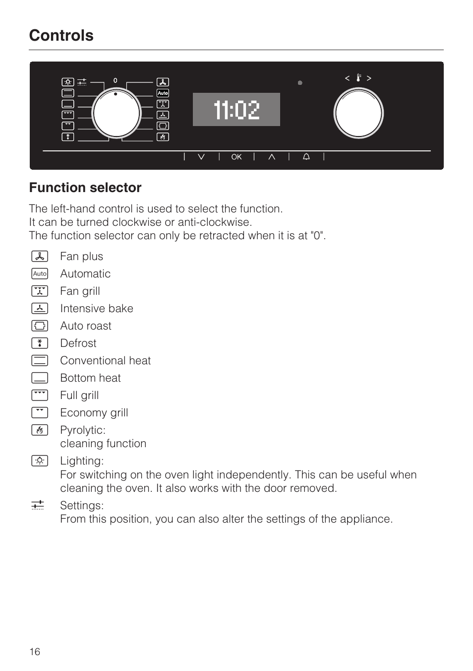 Controls 16, Function selector 16, Controls | Function selector | Miele H 5460-BP User Manual | Page 16 / 64