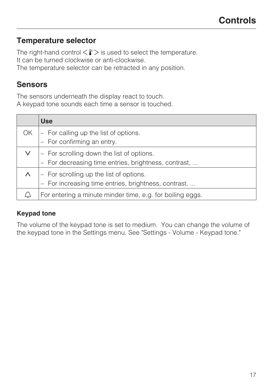 Temperature selector 17, Sensors 17, Keypad tone 17 | Controls, Temperature selector, Sensors | Miele H 5460-BP User Manual | Page 17 / 64