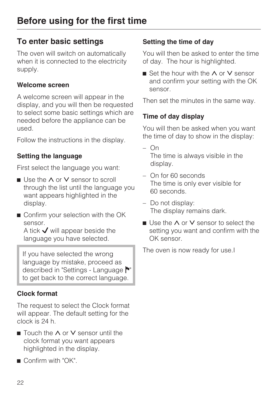 Before using for the first time 22, Before using for the first time | Miele H 5460-BP User Manual | Page 22 / 64