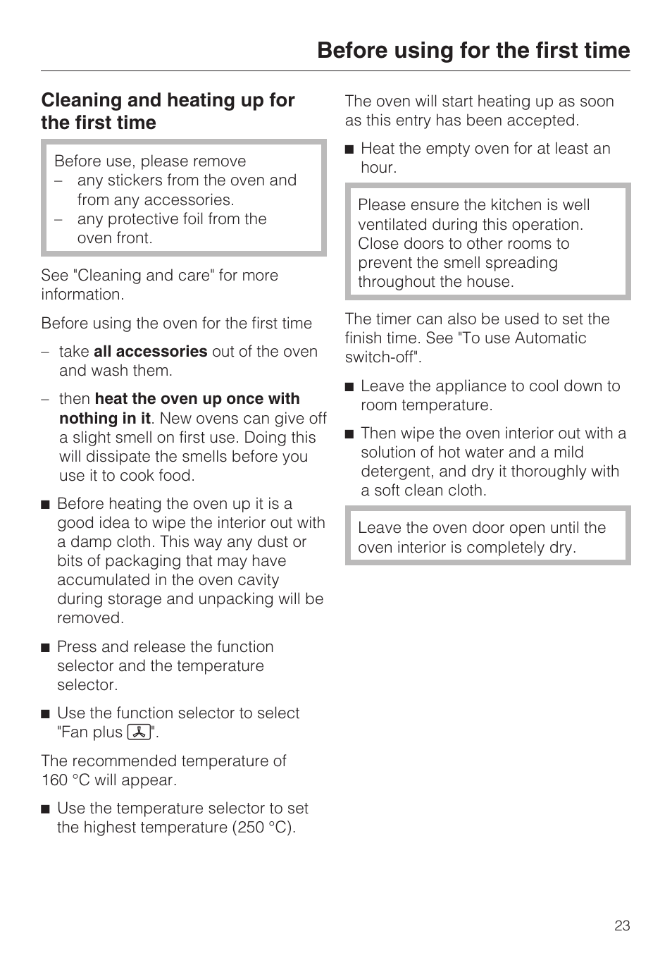 Before using for the first time, Cleaning and heating up for the first time | Miele H 5460-BP User Manual | Page 23 / 64