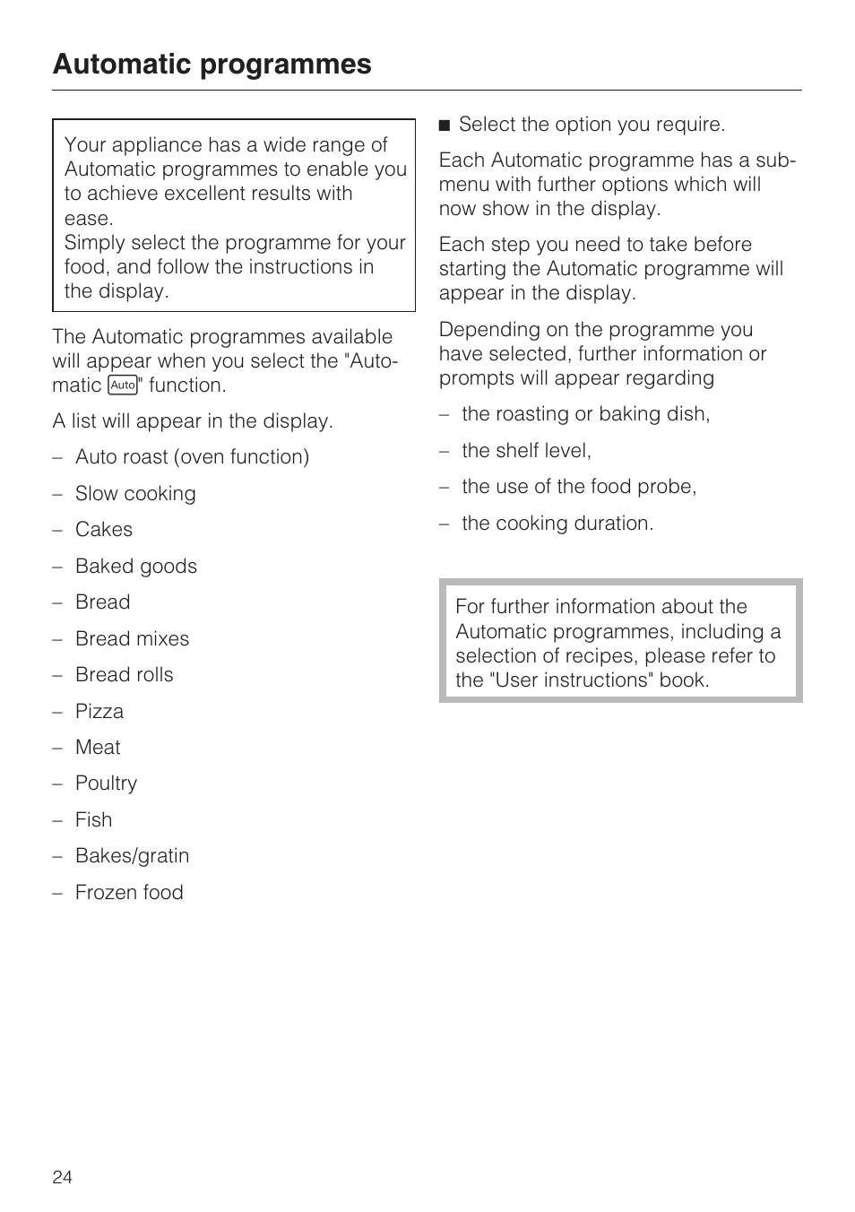 Automatic programmes 24, Automatic programmes | Miele H 5460-BP User Manual | Page 24 / 64
