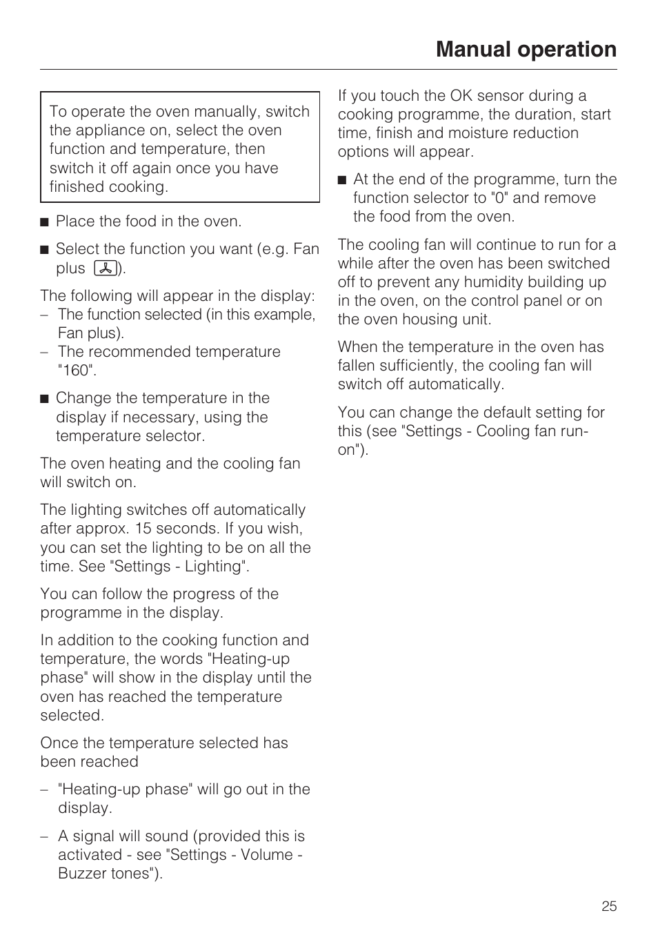 Manual operation 25, Manual operation | Miele H 5460-BP User Manual | Page 25 / 64