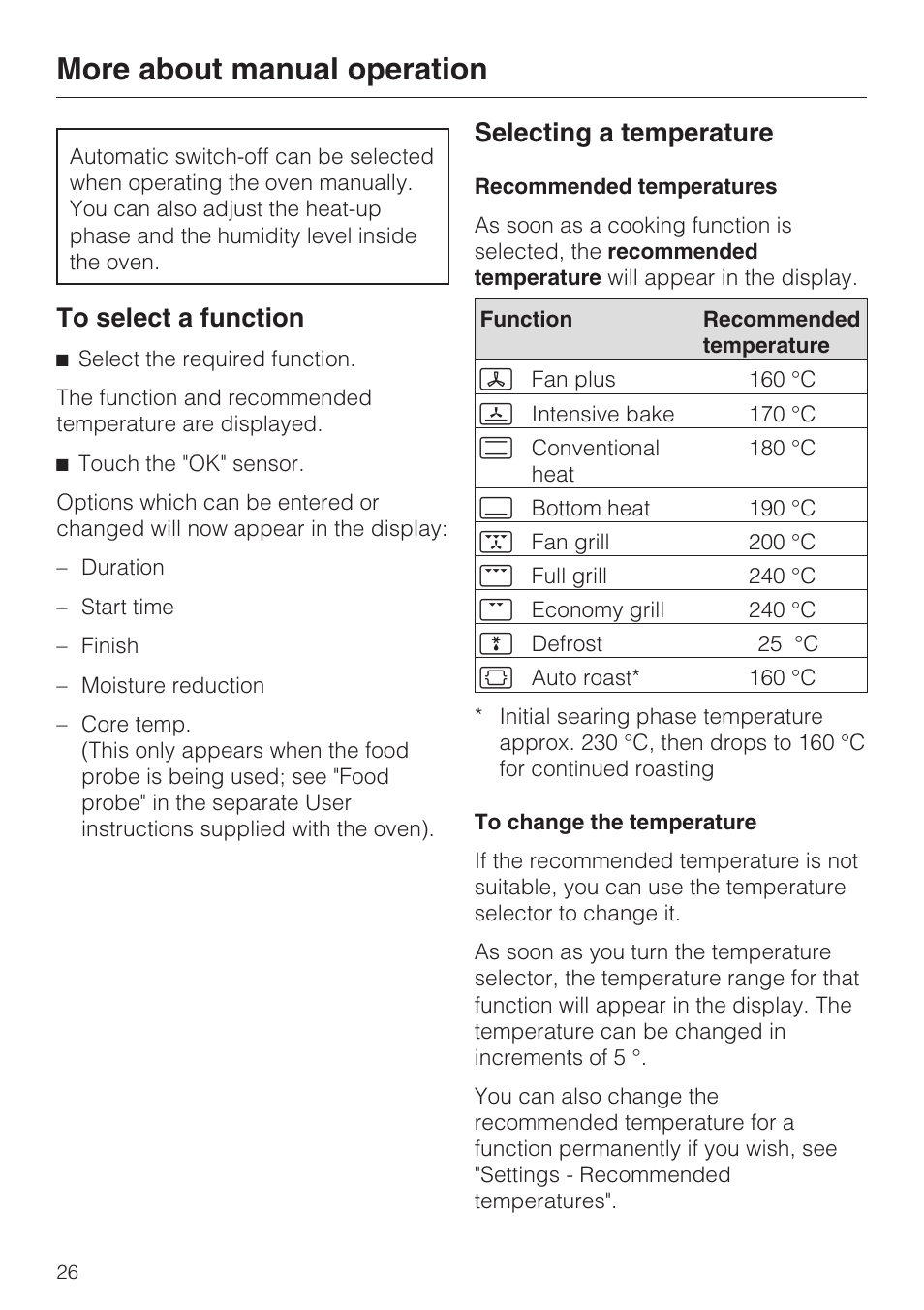 More about manual operation 26, To select a function 26, Selecting a temperature 26 | Recommended temperatures 26, To change the temperature 26, More about manual operation, Selecting a temperature | Miele H 5460-BP User Manual | Page 26 / 64