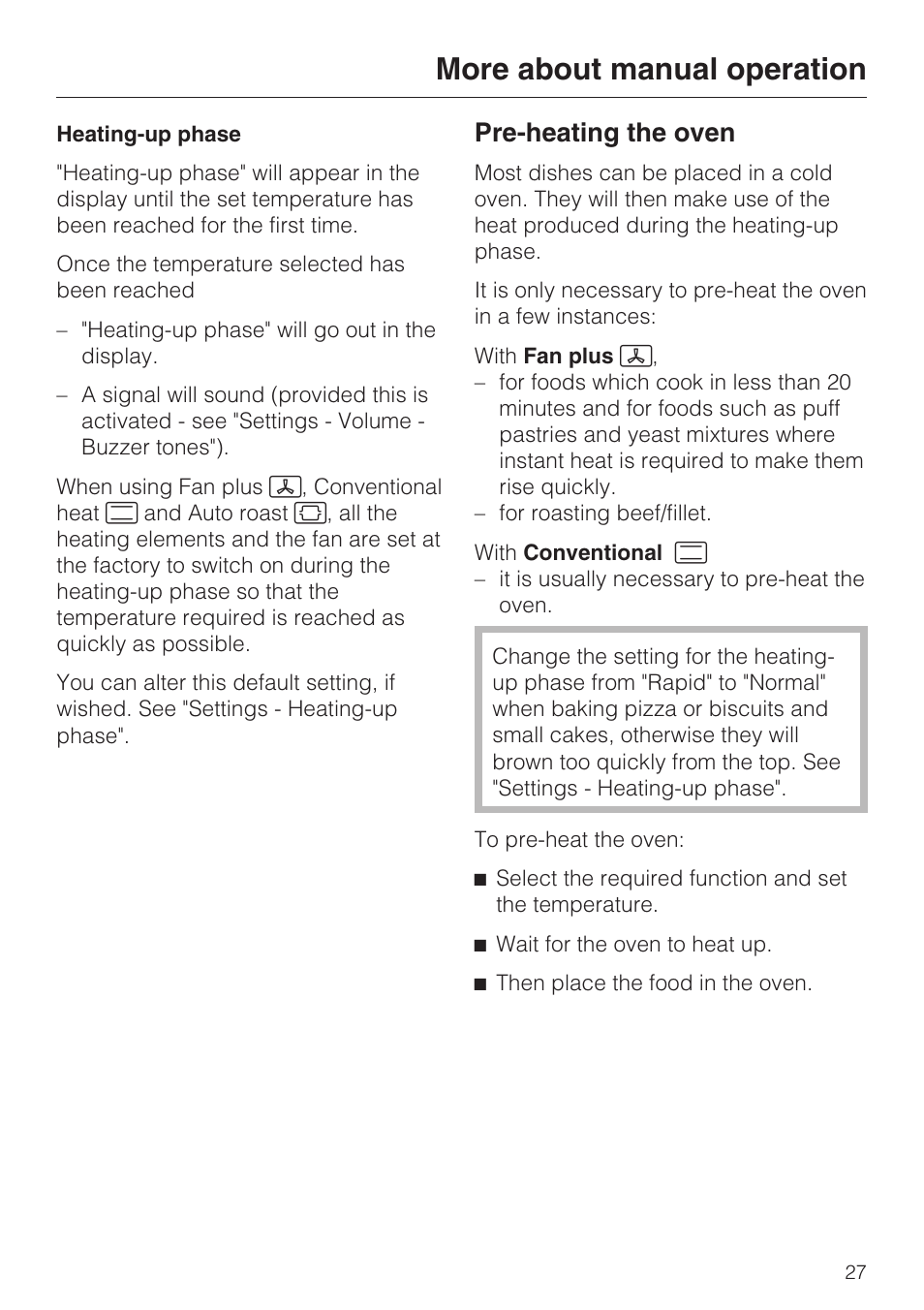 Heating-up phase 27, Pre-heating the oven 27, More about manual operation | Pre-heating the oven | Miele H 5460-BP User Manual | Page 27 / 64