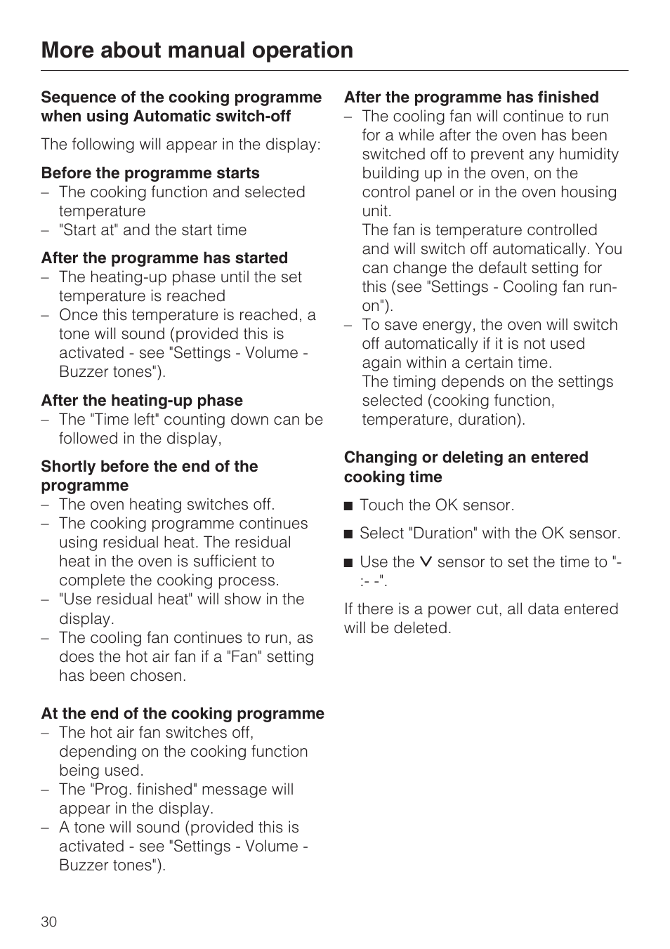 Changing or deleting an entered cooking time 30, More about manual operation | Miele H 5460-BP User Manual | Page 30 / 64