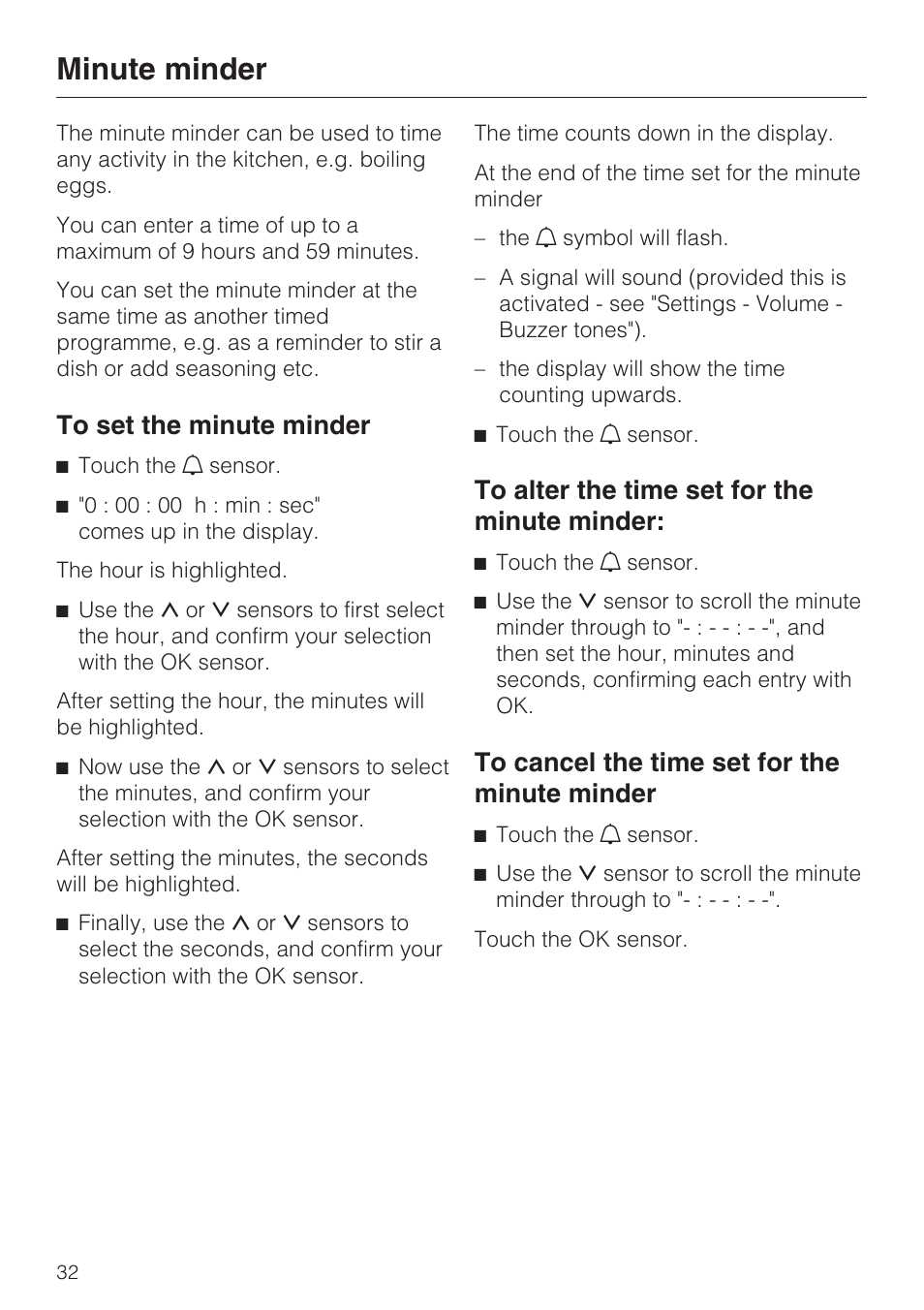 Minute minder 32, Minute minder | Miele H 5460-BP User Manual | Page 32 / 64