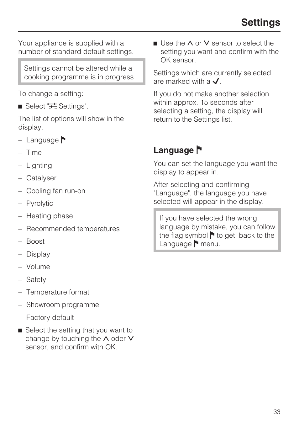 Settings 33, Language j 33, Settings | Language j | Miele H 5460-BP User Manual | Page 33 / 64