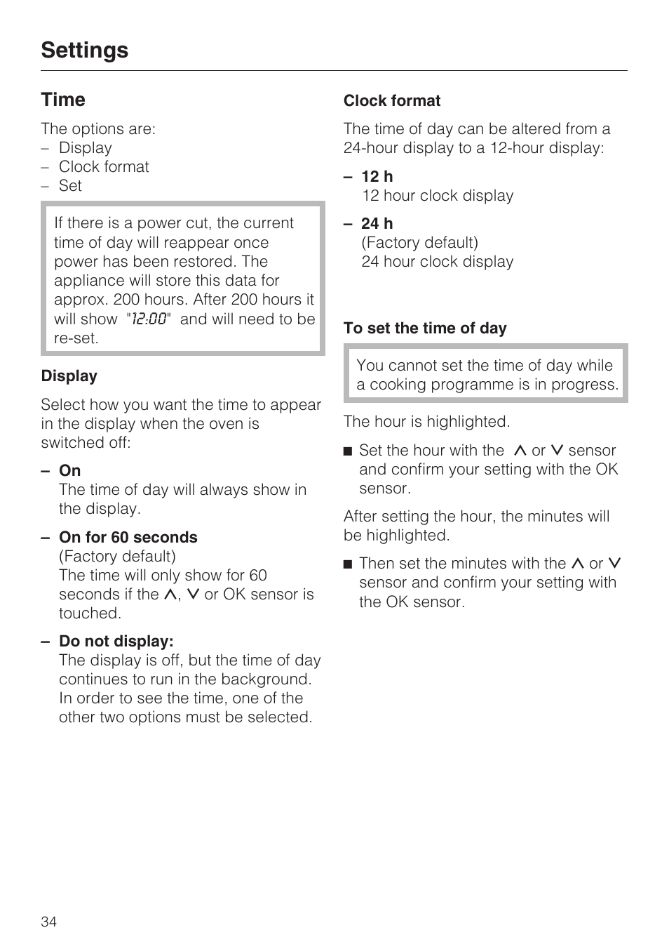 Time 34, Display 34, Clock format 34 | To set the time of day 34, Settings, Time | Miele H 5460-BP User Manual | Page 34 / 64