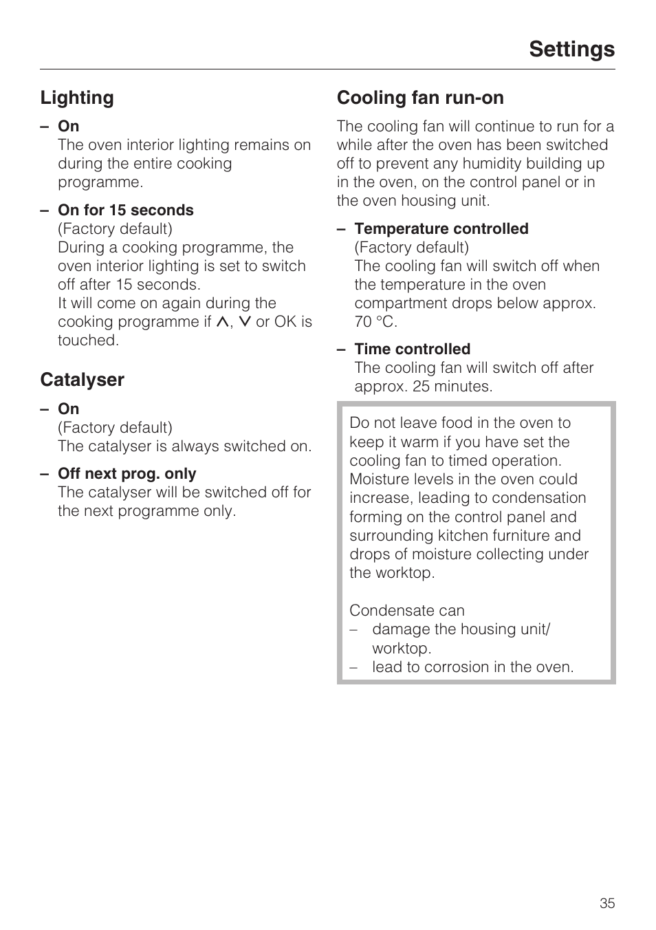 Lighting 35, Catalyser 35, Cooling fan run-on 35 | Settings, Lighting, Catalyser, Cooling fan run-on | Miele H 5460-BP User Manual | Page 35 / 64