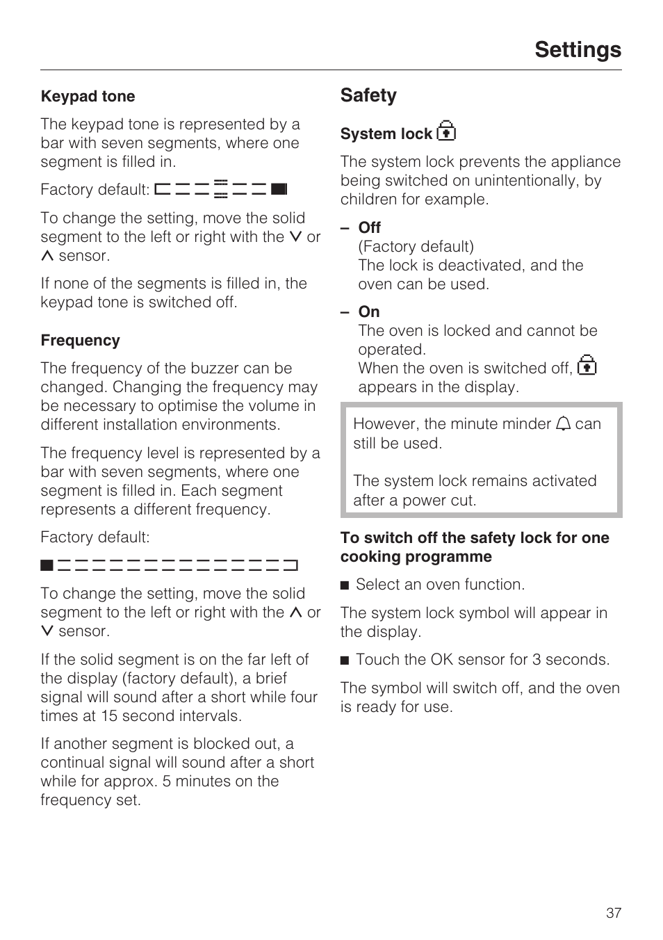 Keypad tone 37, Frequency 37, Safety 37 | System lock 0 37, Settings, Safety | Miele H 5460-BP User Manual | Page 37 / 64