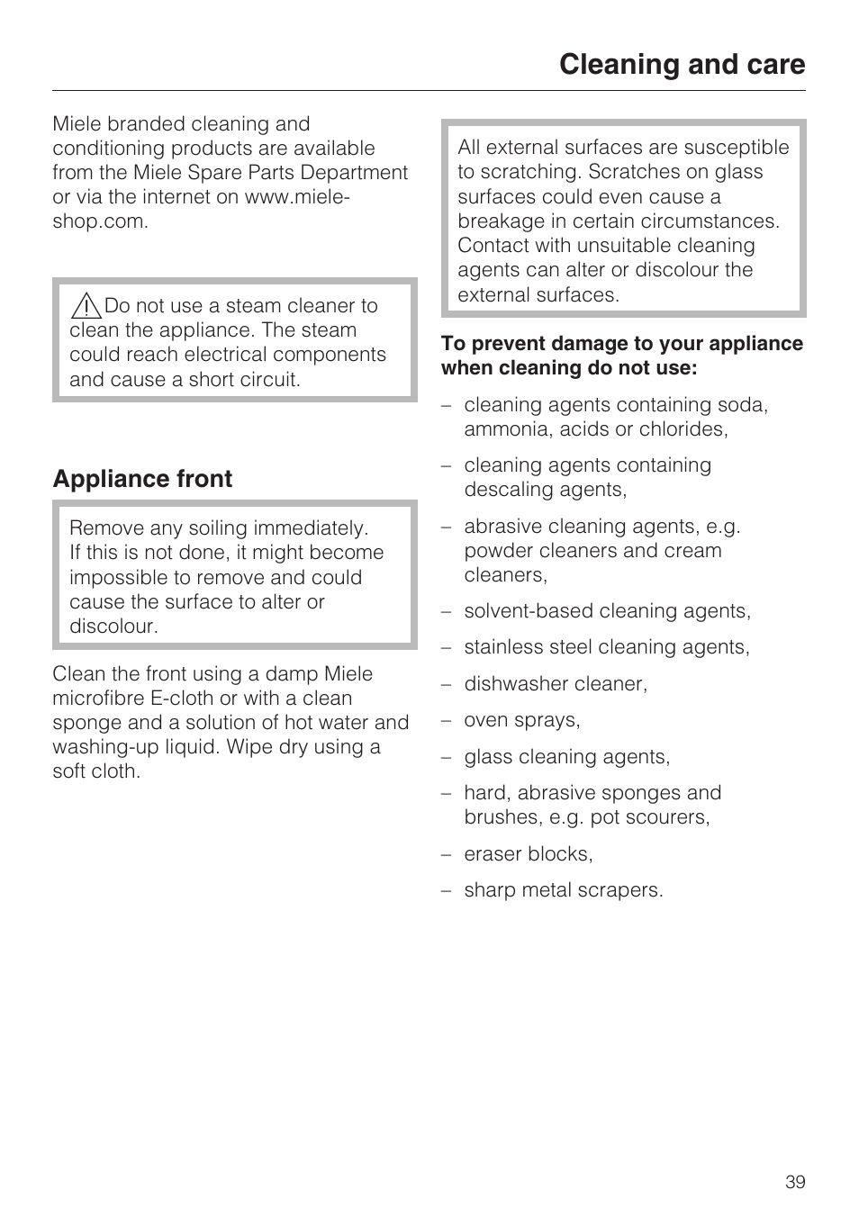Cleaning and care 39, Appliance front 39, Cleaning and care | Appliance front | Miele H 5460-BP User Manual | Page 39 / 64