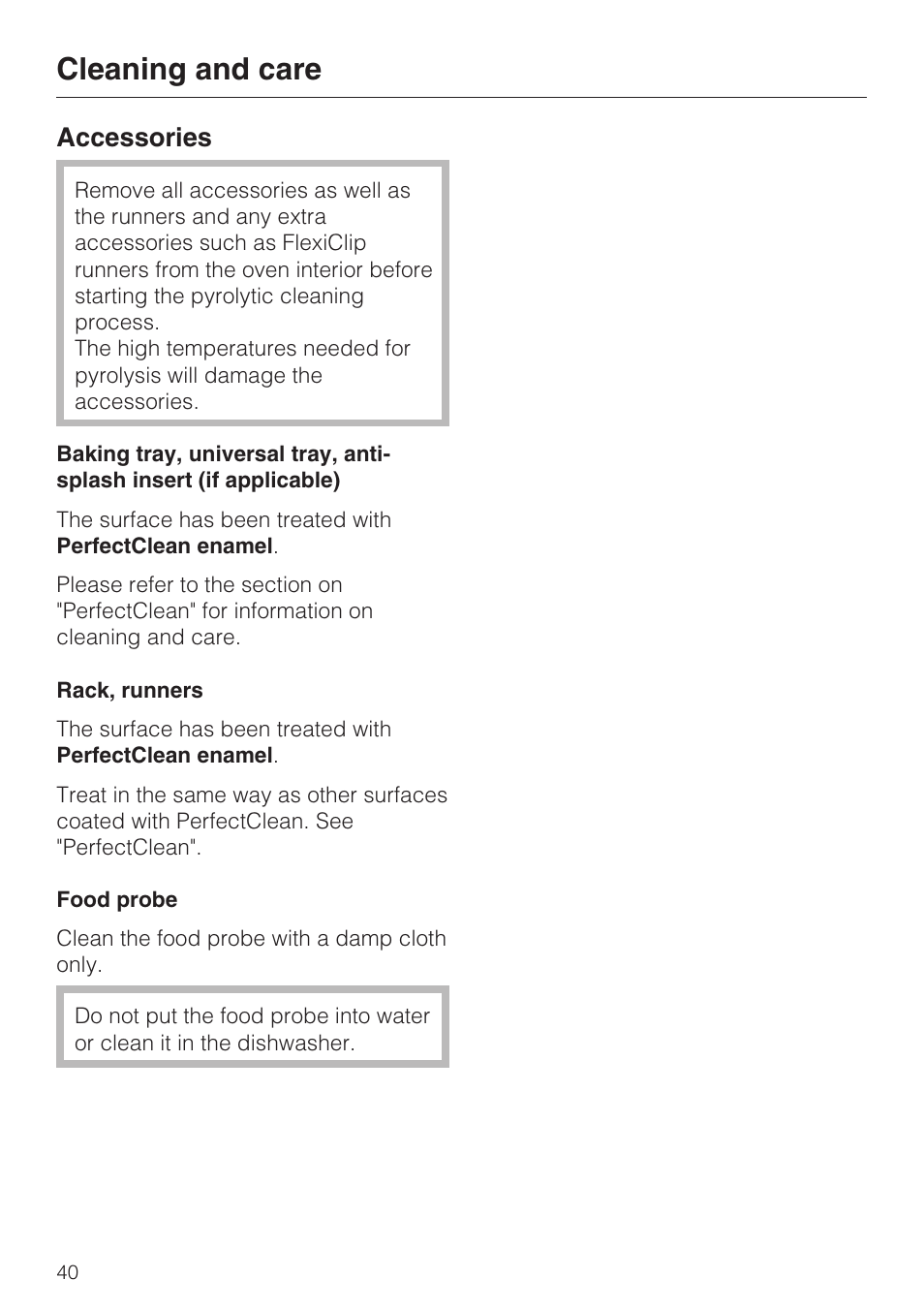 Accessories 40, Rack, runners 40, Food probe 40 | Cleaning and care, Accessories | Miele H 5460-BP User Manual | Page 40 / 64