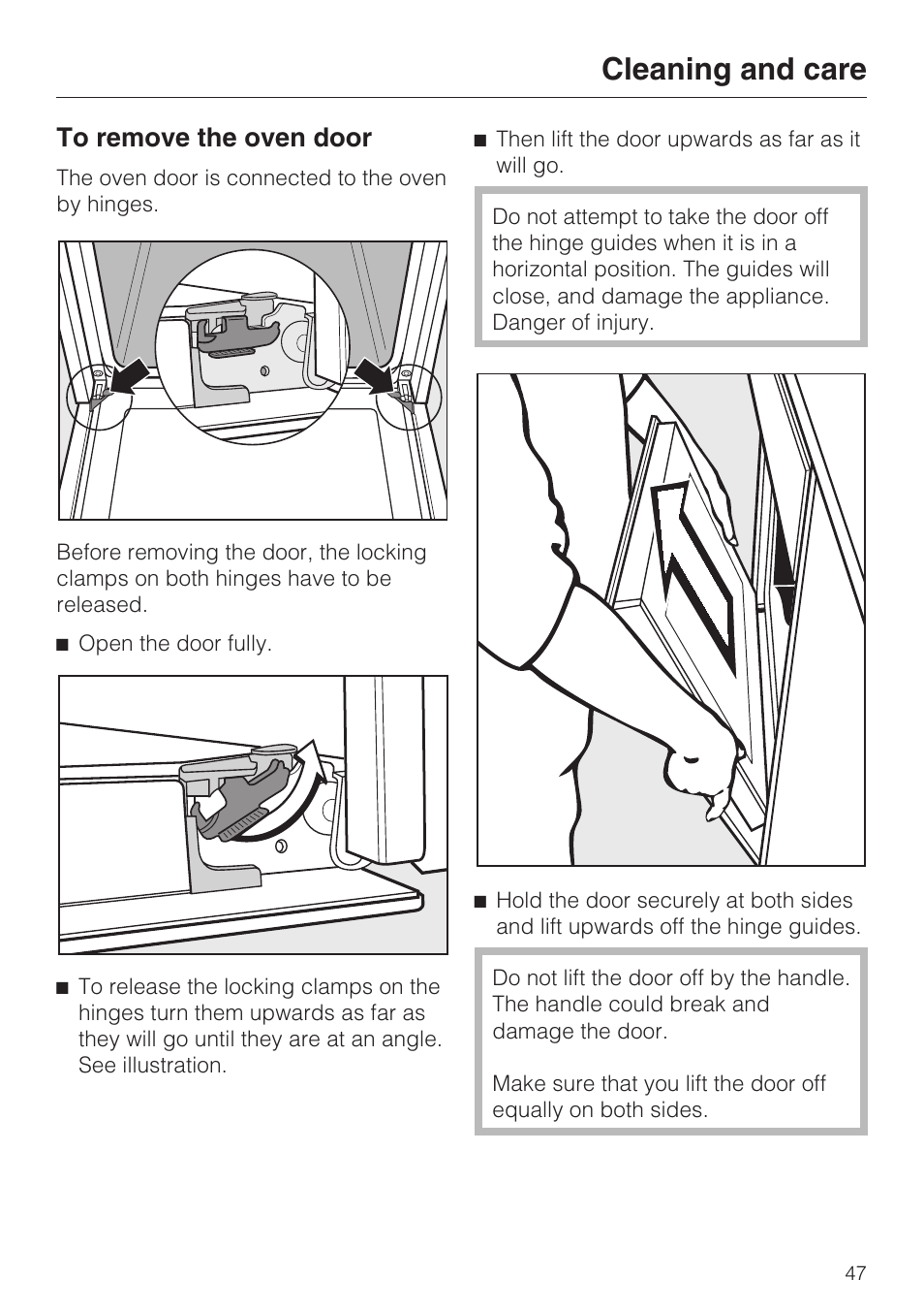 To remove the oven door 47, Cleaning and care | Miele H 5460-BP User Manual | Page 47 / 64