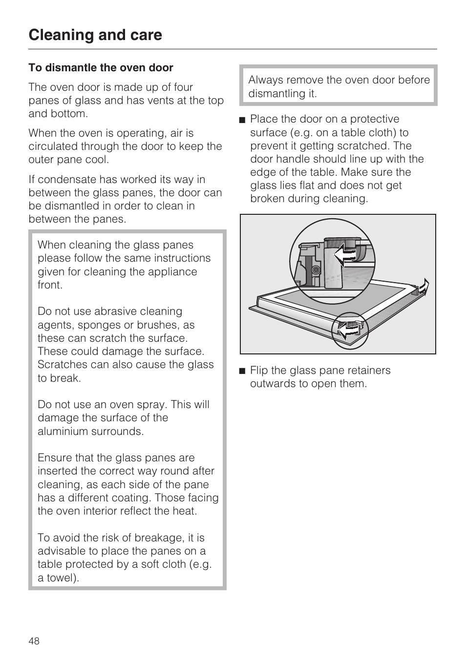 To dismantle the oven door 48, Cleaning and care | Miele H 5460-BP User Manual | Page 48 / 64